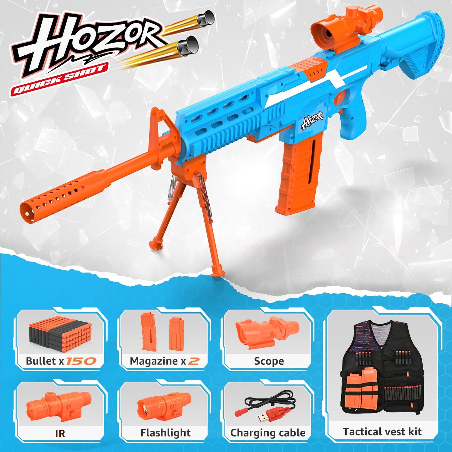 Hozor TriFireX Rechargeable Motorized Blaster Tactical Vest Kit, Multi-Play Styles, 3 Firing Modes, 2 Clips, 150 Foam Darts, Kids Toys & Gifts.
