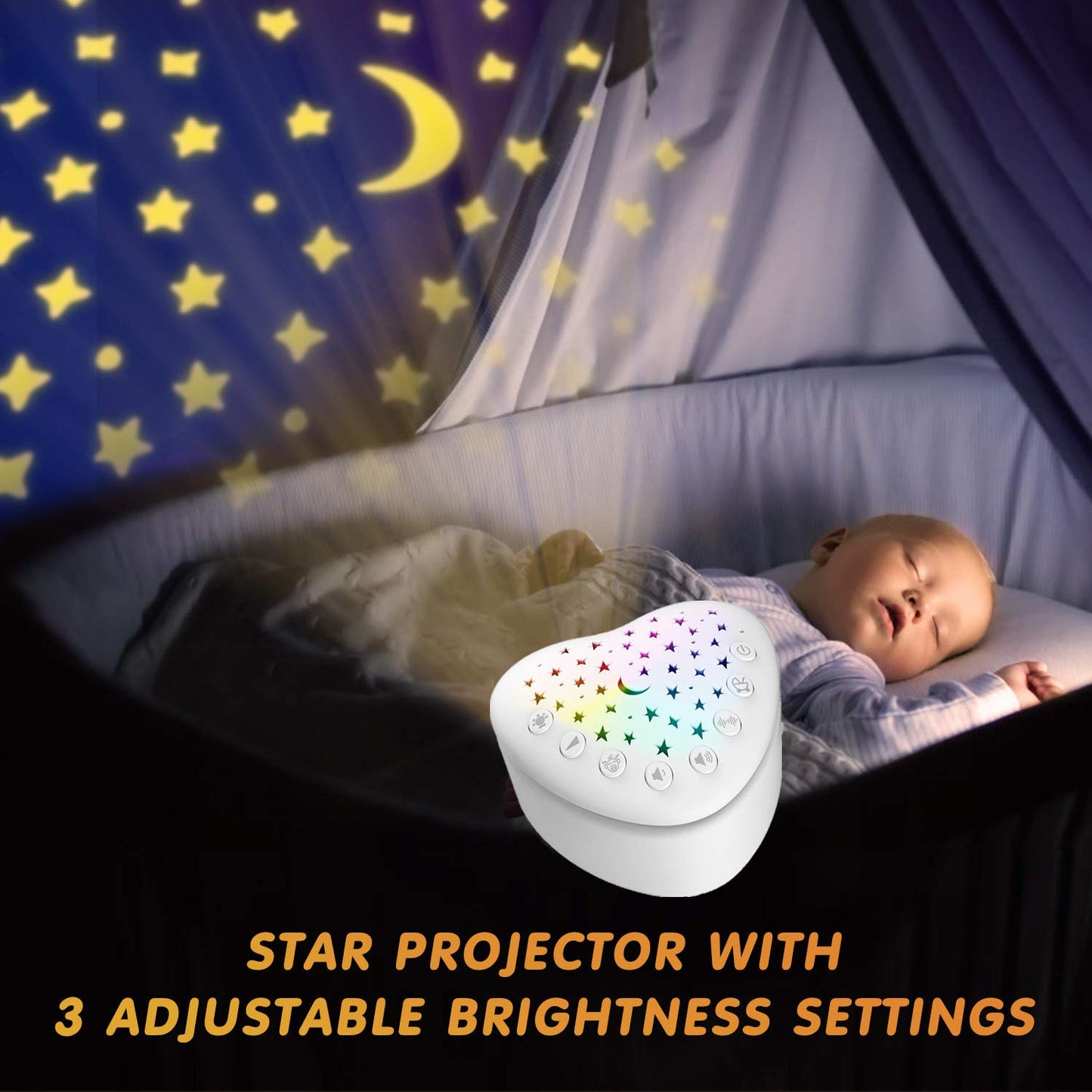 BEREST A13 White Noise Machine & Baby Sleep Soother with 15 Soothing Sounds & Projector Night Light Music Box, Cry Sensor, Rechargeable, Portable for Newborns, Toddlers, Attaches to Crib