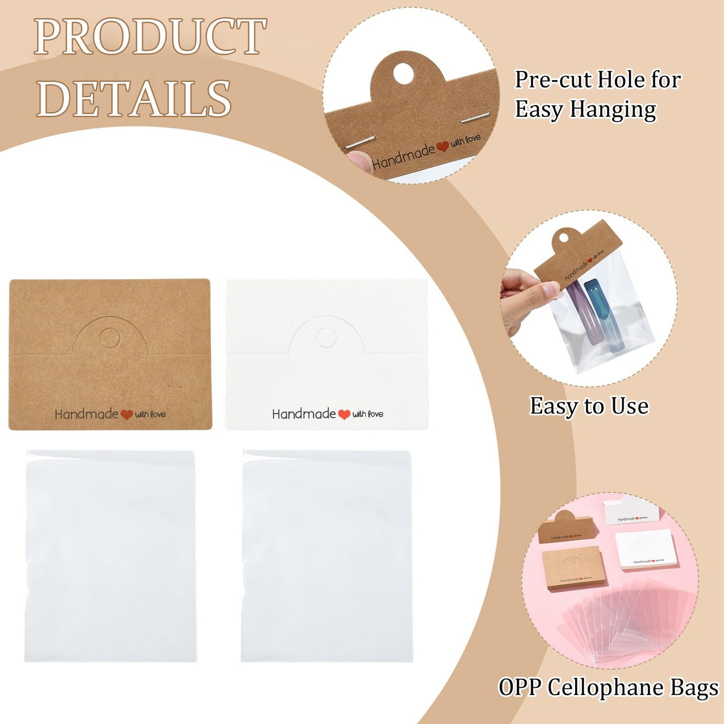 Gelirda 100Pcs Rectangle Cellophane Bags with Clear Window Handmade Packaging Pouch with Foldable Header Cards for Jewelry Packaging Accessory