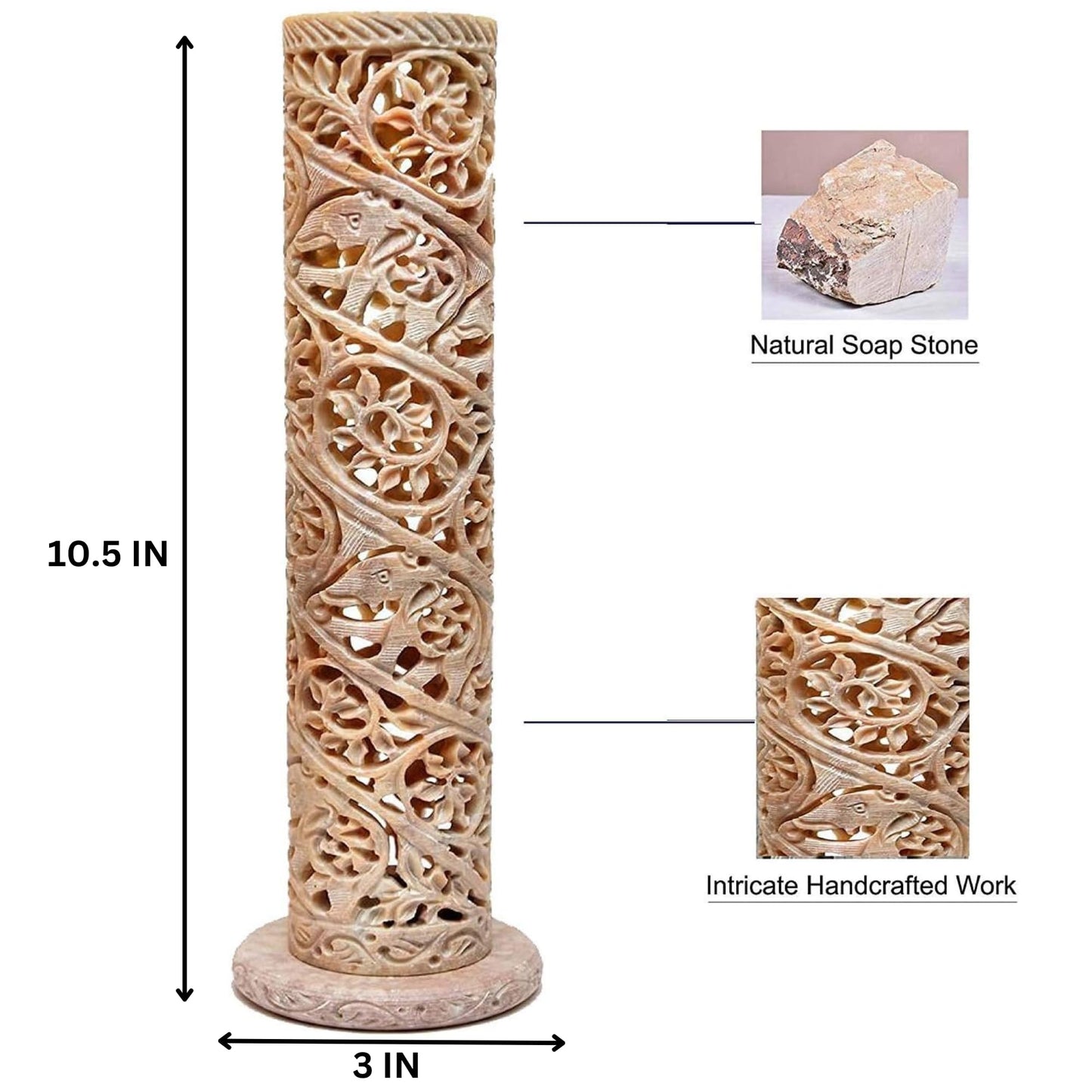 Carry Me Marble Soapstone Incense Stick Holder | Candle Burner | Tea Light Holder - Perfect Handmade Elephant Carving for Gifting. Decorative Home and Office Decor.(3 x 3 x 10.5 Inches)