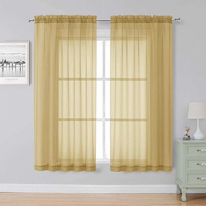 Simplebrand Gold Sheer Curtains, 63" Length, 2 Panels Set - Light Filtering, Rod Pocket Window Curtains for Bedroom (Gold, 59" W x 63" L)