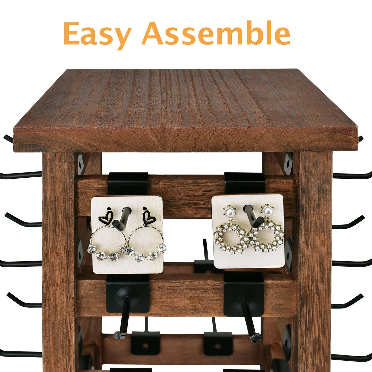 Ikee Design 5 Tiers Easy Assemble Wood Rotating Jewelry Display Tower with 42 Removable Hooks,Spinning Earring Card Storage Display Stand for Store, Showcase, Tradeshow and Home,Brown Color