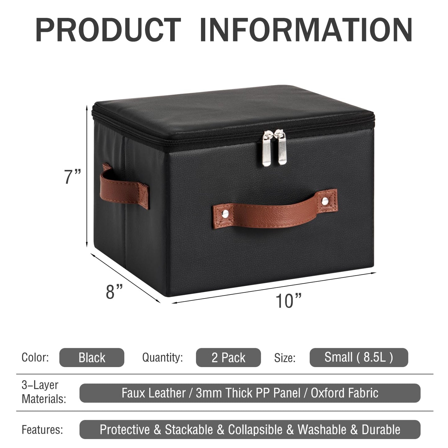 LOLUVIZCO 2PCS Storage Bins Box with Zippered Lid Decorative PU Leather Fabric Basket with Handles PP Plastic Board Foldable Washable Lidded Clothing Shelf Closet Organizer Container (Black, Small)