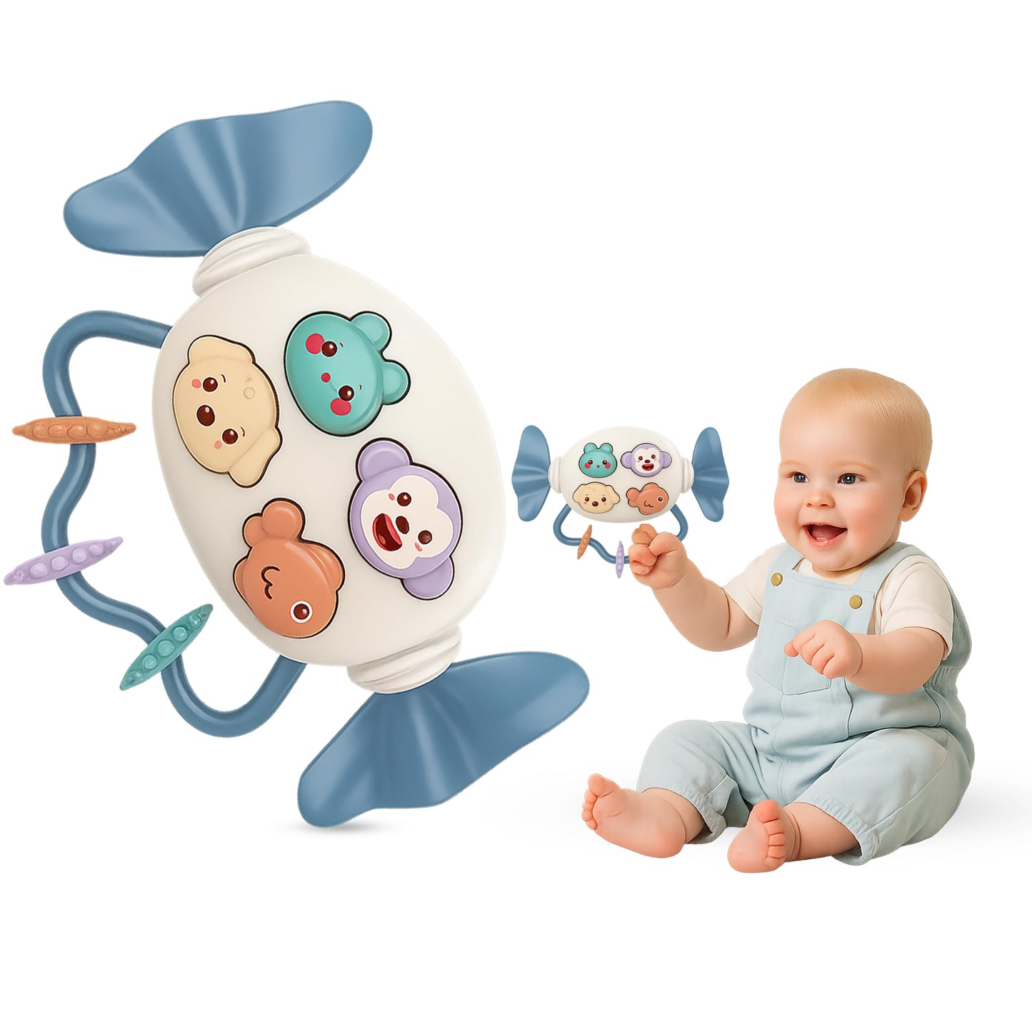 Rattle Teether (2 in 1) Candy Shape with Animals Theme, Musical Learning and Lighting, BPA-Free, Safe Chewable, Soothing Toy, Best for Infants, Baby Shower, Birthday Gift (Blue)