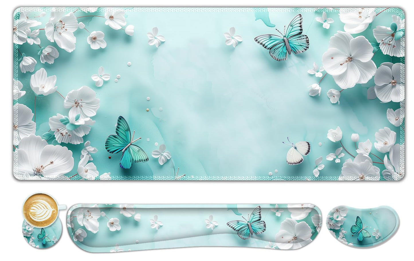 ToLuLu Large Mouse Pad Desk Pad Set, Wrist Rest Support Desk Mat for Keyboard and Mouse, 4PCS 35.4”x15.7 XXL Giant Mouse Pad, Non-Slip Base Stitched Edges Mousepad for Home Office, Teal Butterfly