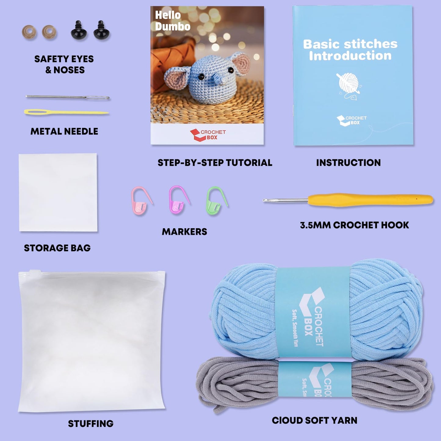 Crochet Kit for Beginners: Elephant Crochet Kit for Adults, Include Easy to Use Yarn, Step-by-Step Video, Patterns, Learn to Crochet, Thanksgiving, Christmas, Birthday Gift