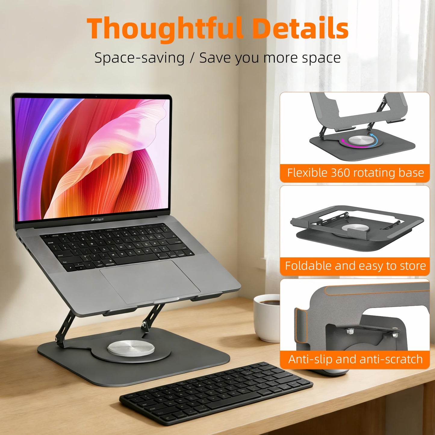 Adjustable Laptop Stand for Desk, Laptop Riser with 360 Rotating Base, Ergonomic Laptop Holder for Desk, Foldable Portable for Office & Home Compatible with MacBook Air Pro, Dell, HP (10-17.3'')