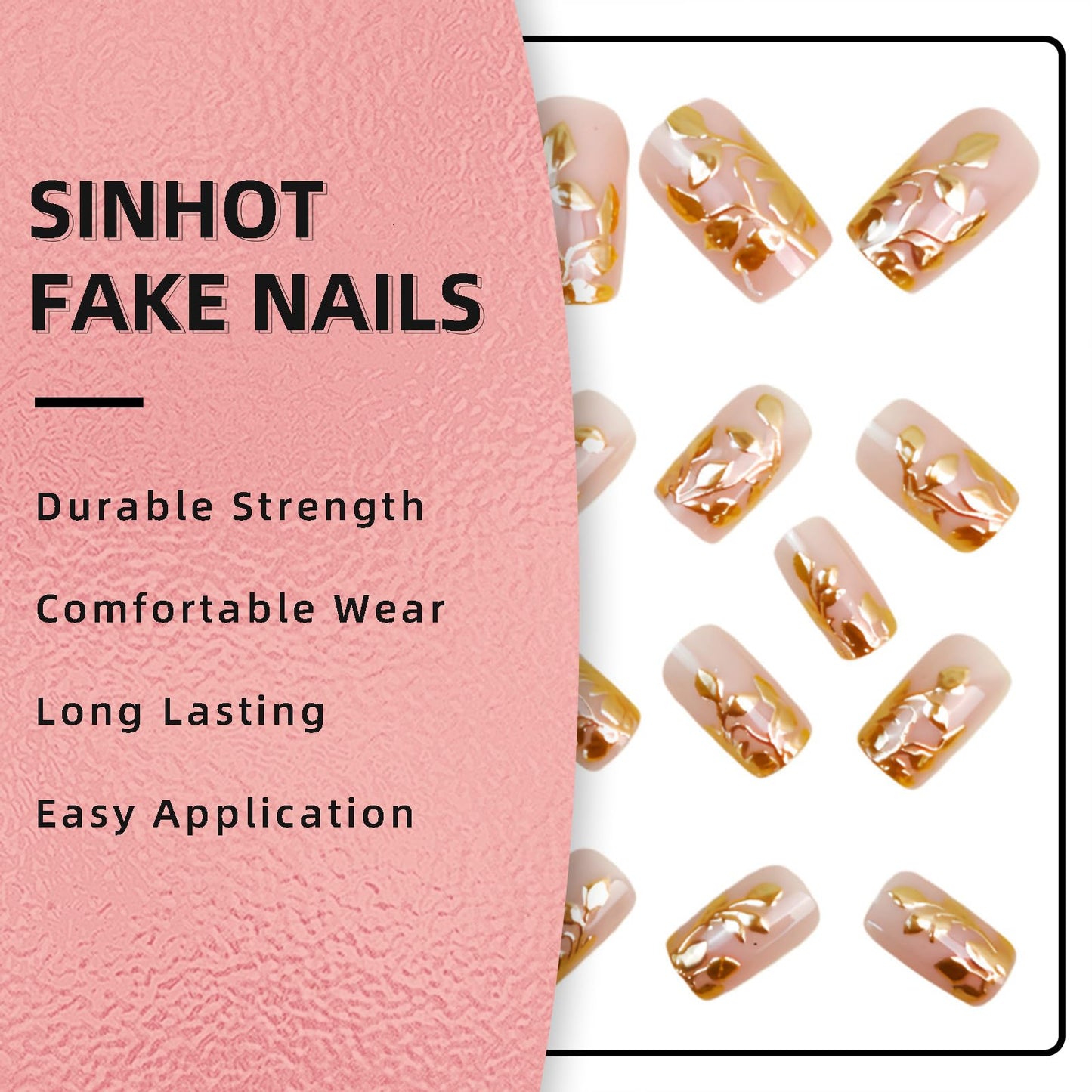 SINHOT Square Press on Nails - Short Fake Nails, Glossy Finish, Gold Chrome Leaves & Nude Natural, DIY Artificial False Nail Art - 24 Pcs Nail Kit with Glue