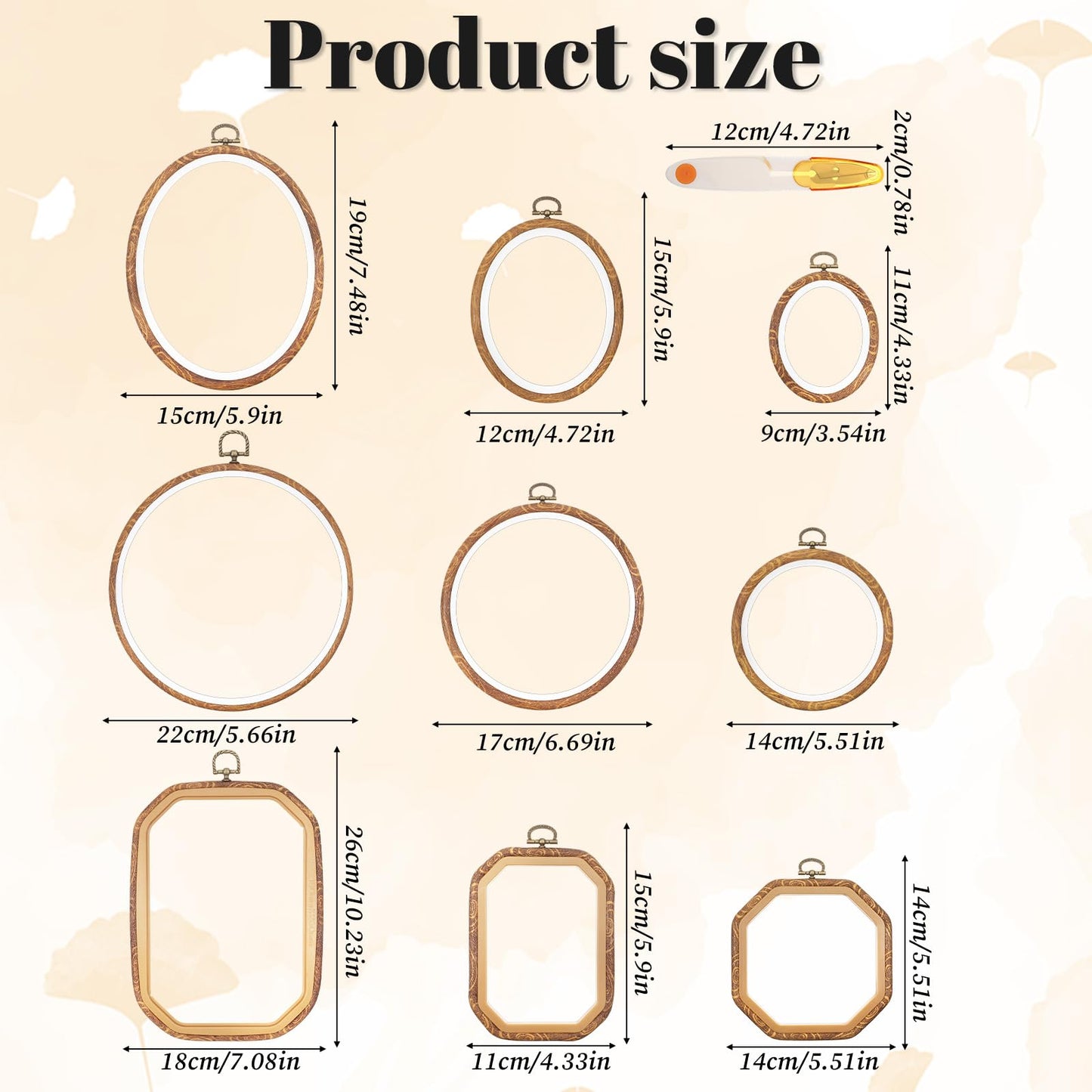 Oqqlin 9 Pcs Embroidery Hoop Frame, 4 Shapes Large Imitated Wood Cross Stitch Hoop Ring with Scissors Display Decorative Embroidery Hoops for DIY Arts, Crafts, Sewing, Hanging Ornaments Decor
