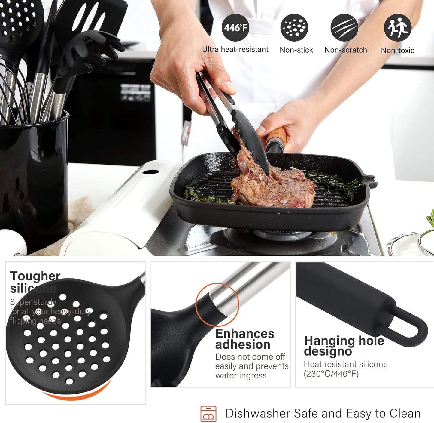 17-Piece Kitchen Utensils Set, Silicone Cooking Tools with Stainless Steel Handles, Heat Resistant Non-Stick Kitchen Set with Measuring Cups & Gadgets | SV Deals