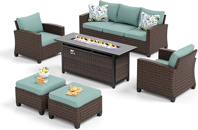 Patio Furniture Set Outdoor Furniture Brown Wicker Rattan Patio Conversation Sets with Cushion Outside Sofa Set,5 Pieces with Rectangular Firepit Table,7 Seats,Blue