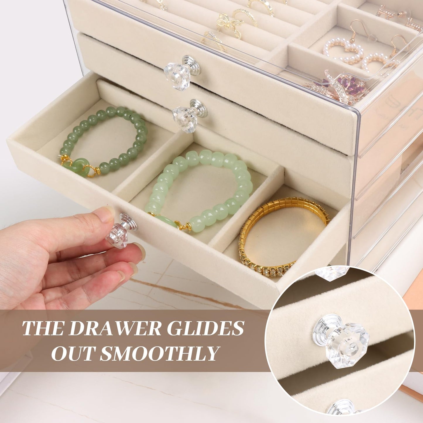 Hyber&Cara Luxury Acrylic Jewelry Box Organizer - 5 Drawers Velvet Lined Clear Stackable Storage for Earrings Necklaces Rings Bracelets Elegant Beige Dresser Top Vanity Display