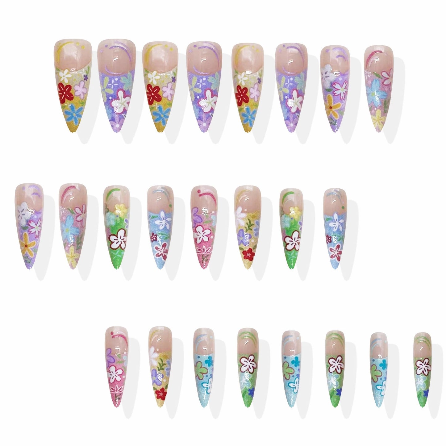 MERVF Long Almond Press on Nails - Colorful Flower French Tip Fake Acrylic Nails, Spring Design Stiletto 24pcs Glossy