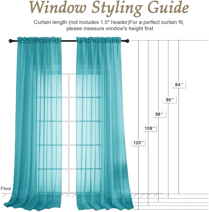OVZME Turquoise Bedroom Curtains 2 Panel Sets 96 Inch Length, 59 Inch Extra Wide Light Filtering Voile Drapes Light Airy Window Drapes for Patio Door Living Room Bedroom Dining, 59Wx96L Inches