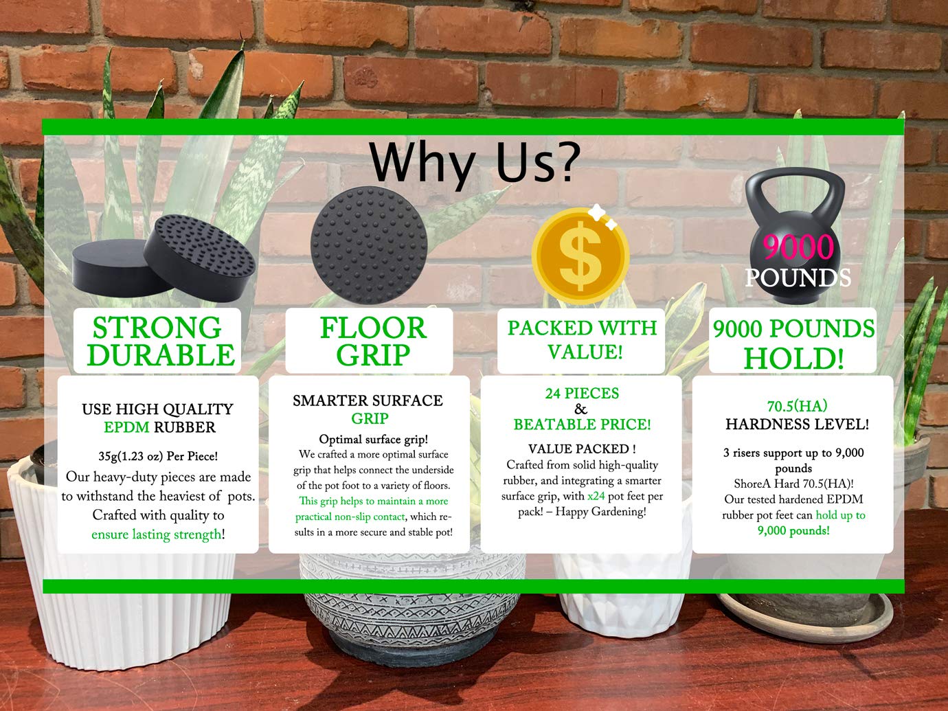 UFelice 24 Pack Invisible Pot Feet with Enhanced Non-Slip Surface Grip Plant Pots and Flowers, Solid Rubber Pots Risers, Pot Lifters for Indoor or Outdoor Planters