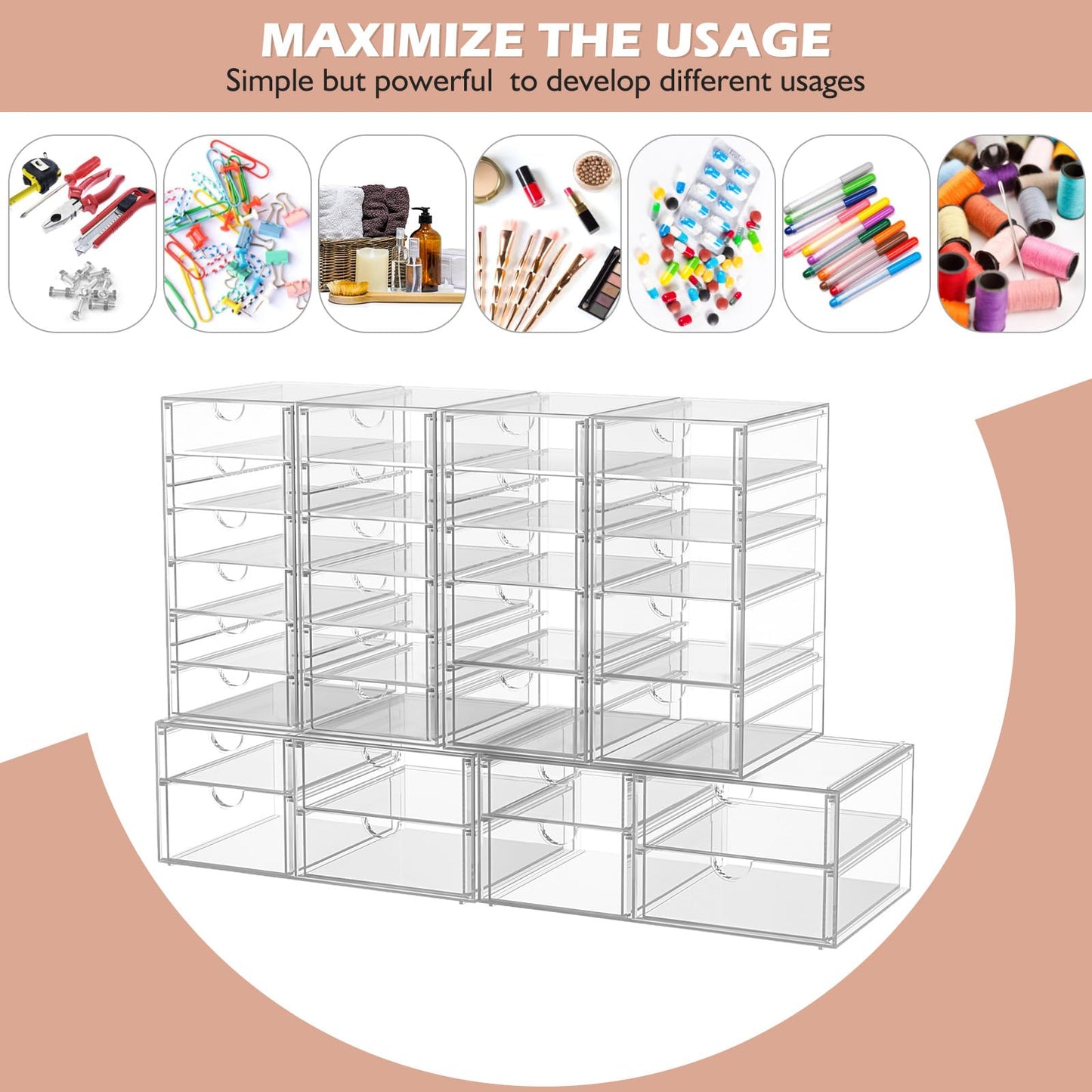 caktraie Desk Organizers And Accessories With 22 Drawers, 4 Pack Office Desktop Drawers, Plastic Makeup Organizer Containers Bins With Drawers Desk Organization, Bathroom Organizers Storage Case Box