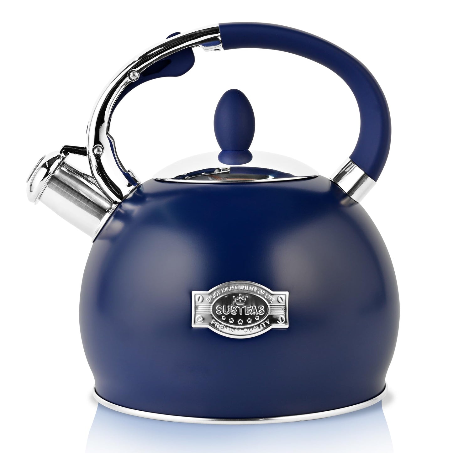 SUSTEAS Stove Top Whistling Tea Kettle - Food Grade Stainless Steel Teakettle Teapot with Cool Touch Ergonomic Handle, With 1 Silicone Pinch Mitt Included, 2.64 Quart,NAVY BLUE
