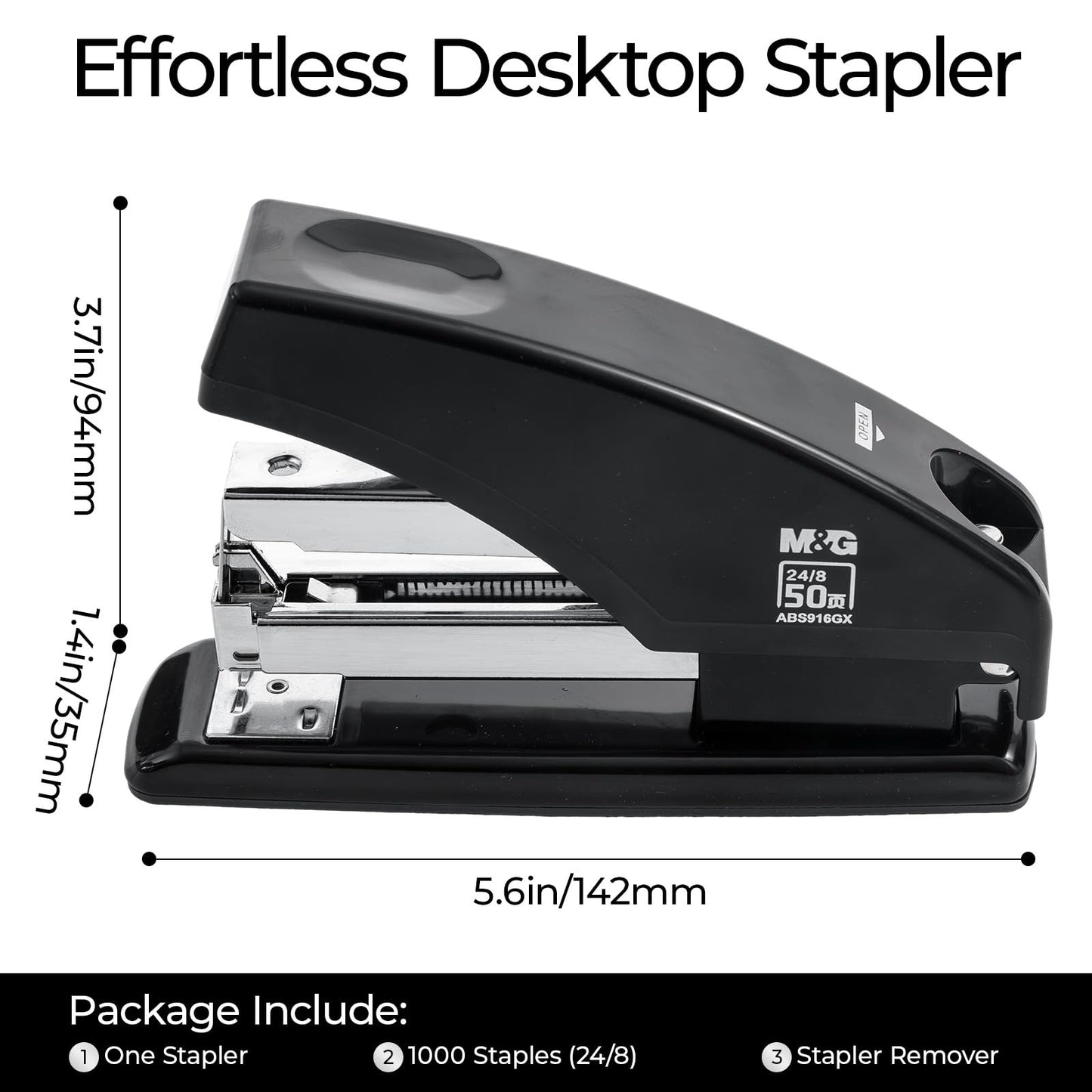 M&G Effortless Stapler for Desk, 50 Sheet Capacity, Heavy Duty Desktop Stapler with 1000 Staples & Staple Remover, One Finger Touch, Good for Office Home School, Black