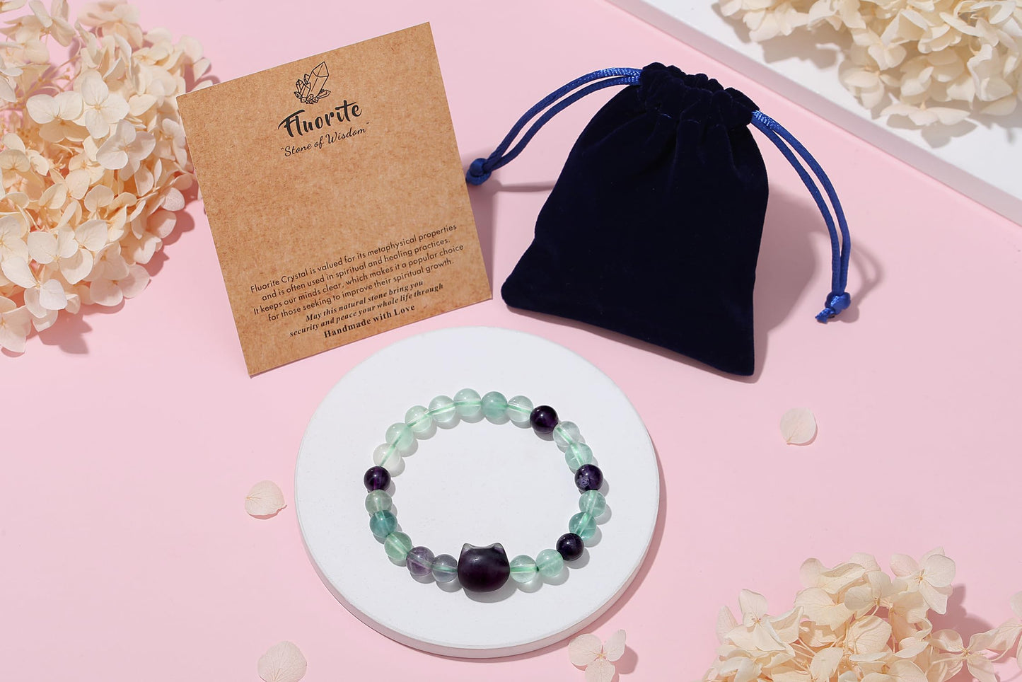 XIANNVXI Fluorite Bracelet for Women - Cute Cat Lover Gift - Natural Crystal Stretch Bracelet - 8mm Beaded Jewelry
