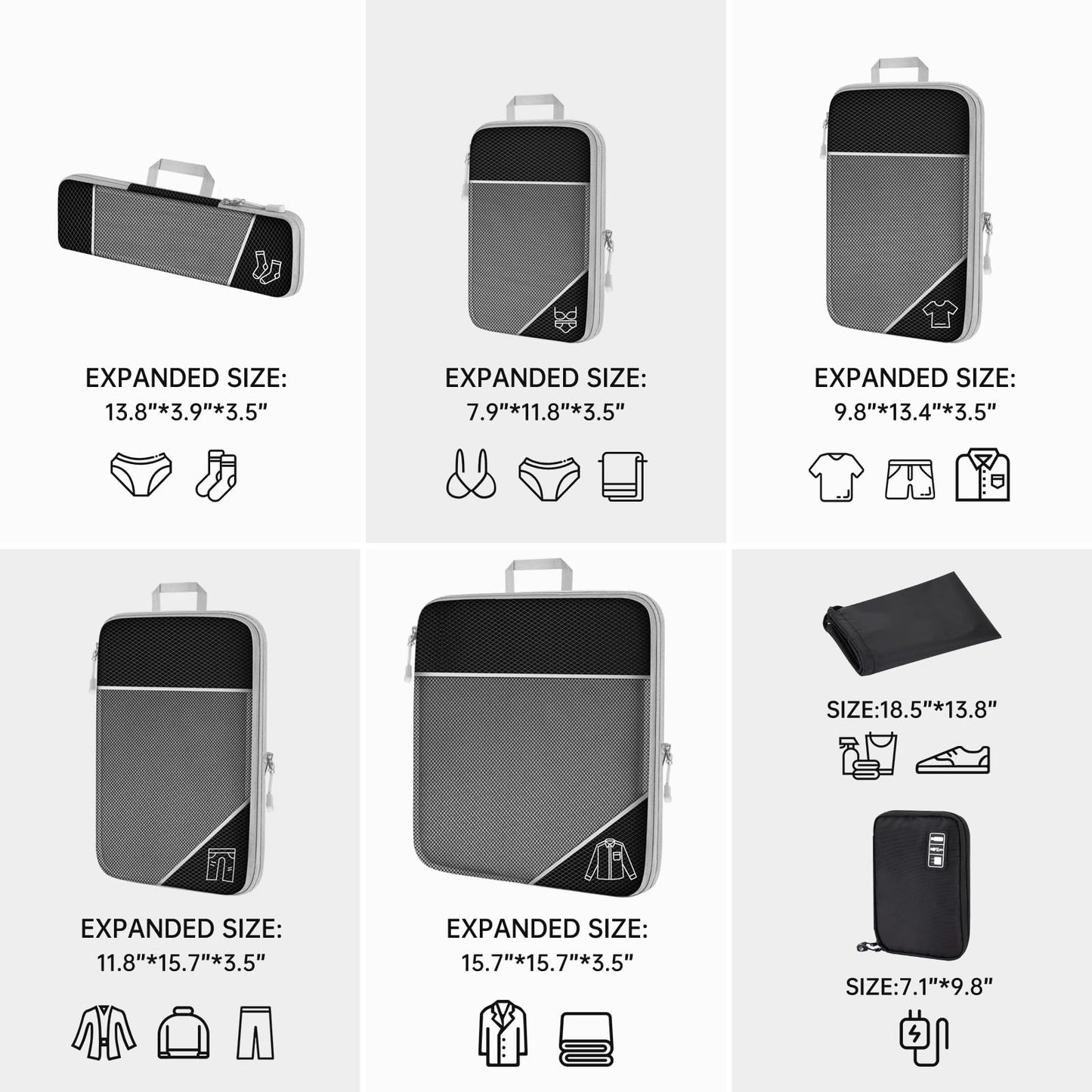 NiHome 7PCS Compression Packing Cube Set Expandable Mesh Travel Bag Luggage Organizers with Electronic Cable Cord Charger Organizer Drawstring Bag for Trip Home Storage Travel Gear Accessories (Black)