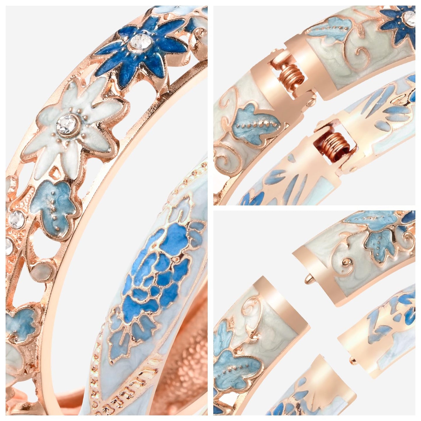 wynameleri Vintage Jewelry Cloisonne Handcrafted Enameled Gorgeous Rhinestone Flower Hinged Cuff Bracelet Bangles Gifts 88C11-55A128 Light Blue