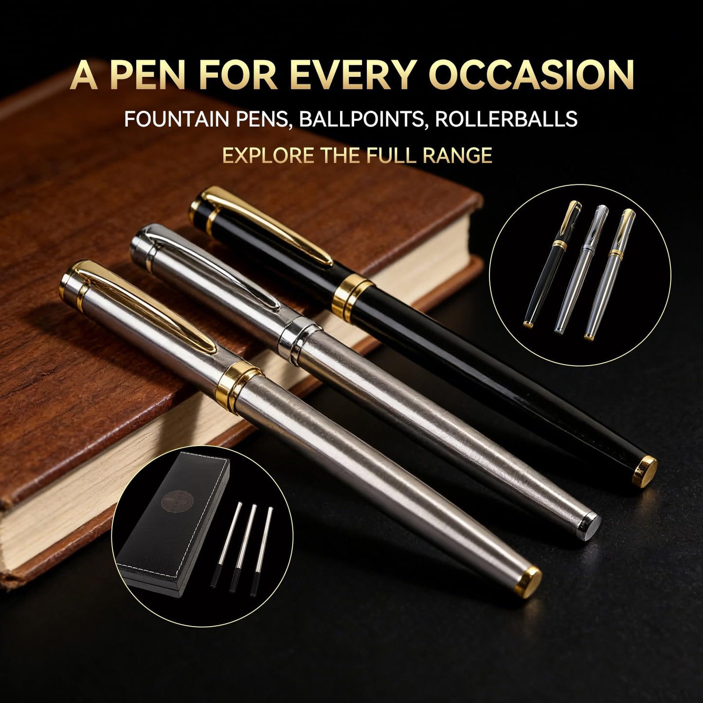 LUHSIN Black Lacquer Rollerball Pen - Premium Luxury Writing Pen (Gold)