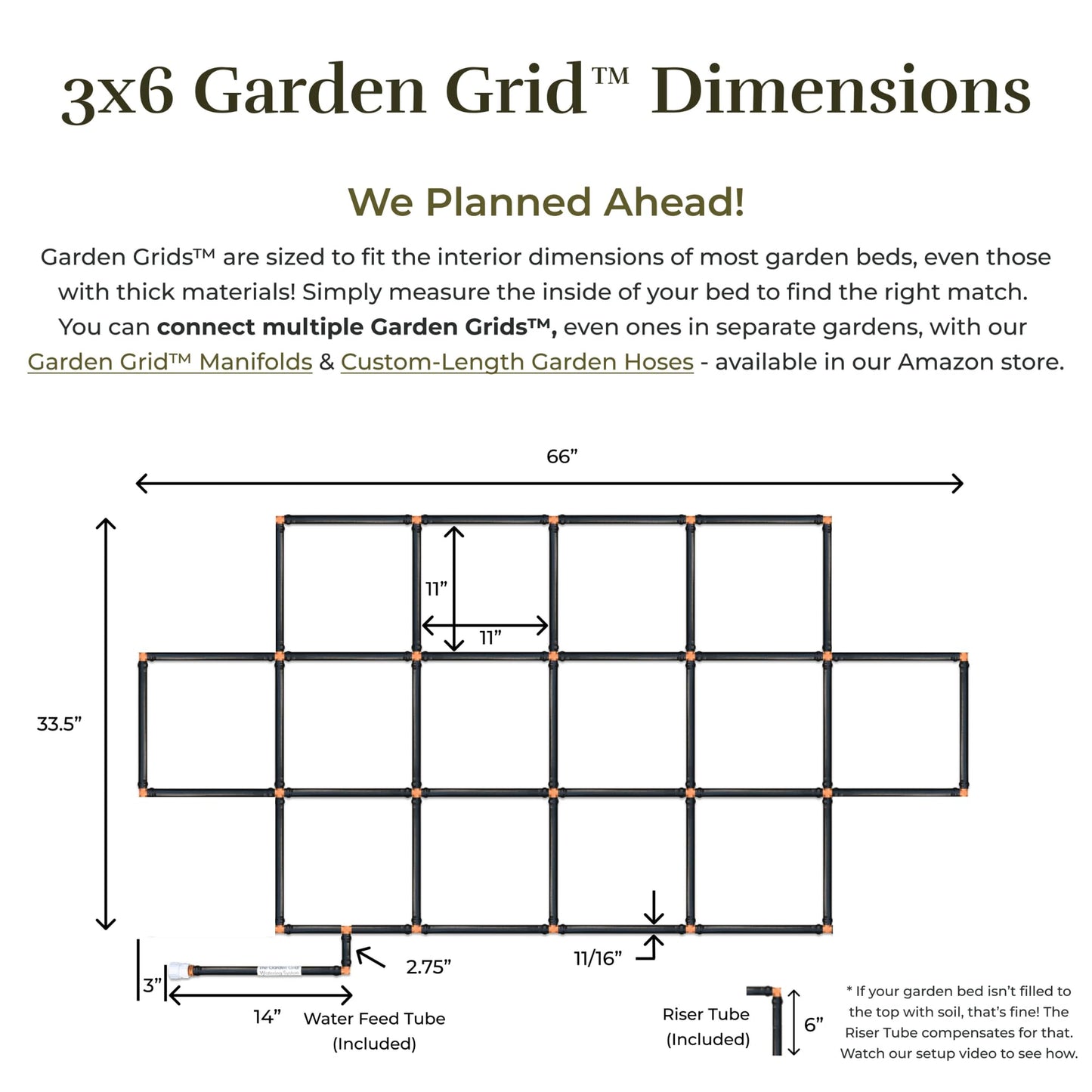 Garden Grid Watering System - 3x6 Cornerless | Raised Garden Bed Drip Irrigation System - But Better | Pre-Assembled, Waters Every Plant Evenly | for Beds w/Corner Posts or Curved Ends | 33.5"x66"
