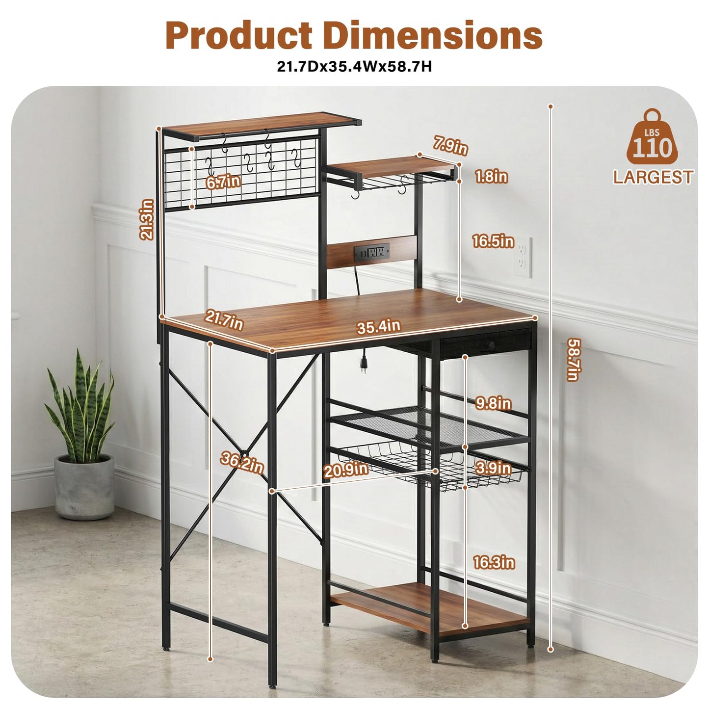 CozyDH Large Bakers Rack with Power Outlet, Kitchen Microwave Stand with Storage Shelves, Wire Basket and 12 S-Shaped Hooks, 35.4 Inches Rustic Brown Coffee