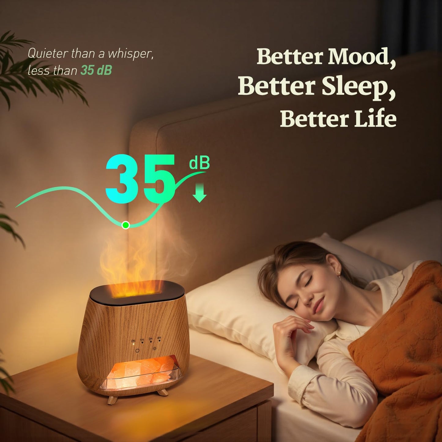JJNJJN Essential Oil Diffuser for Home: 200ml Wood Grain Scent Diffuser - Pure Himalayan Pink Salt Rock - Cool Mist Humidifier with Auto Off Function and 9 Colors LED Light for Bedroom
