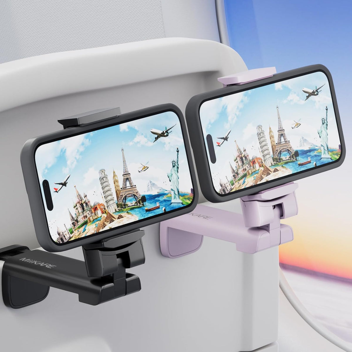 MiiKARE Airplane Travel Essentials Phone Holder, Universal Handsfree Phone Mount for Flying with 360 Degree Rotation, Accessory for Airplane, Travel Must Haves Phone Stand for Desk-Black&Purple