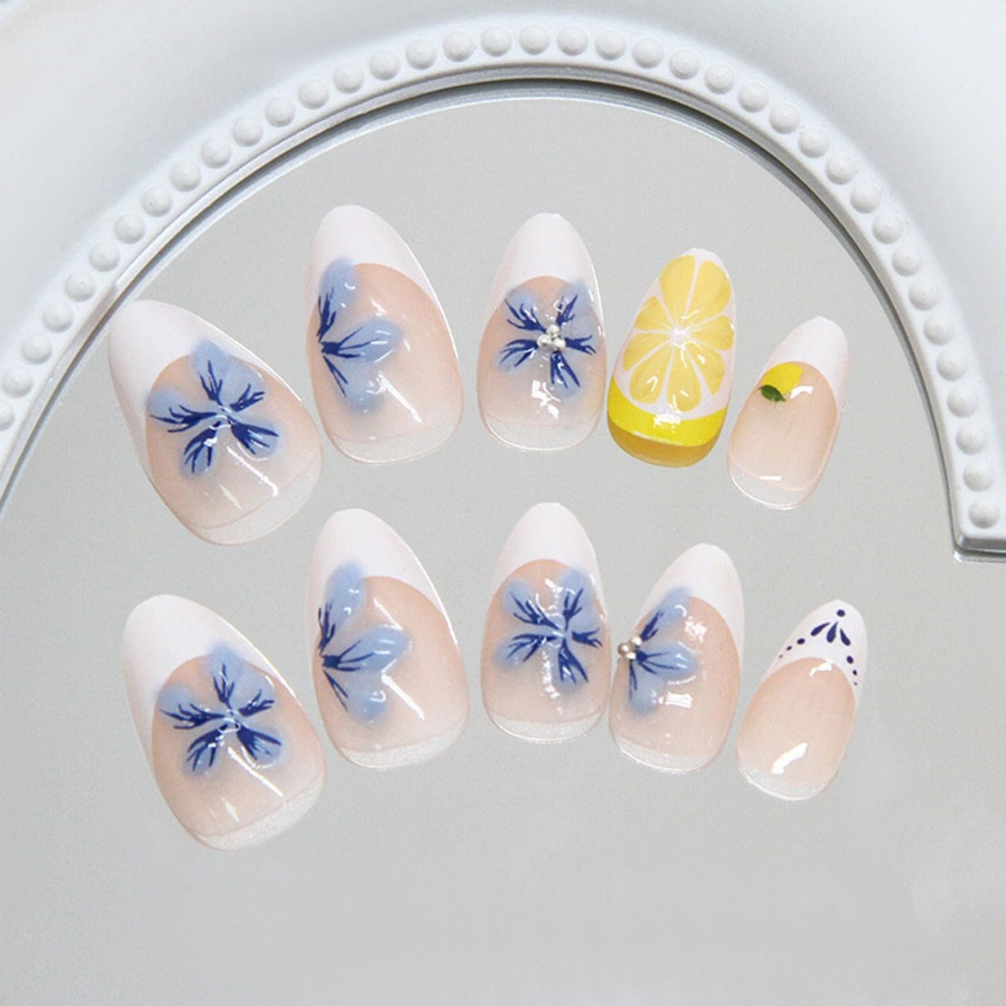 24 Pcs Almond Press on Nails Short Glossy Acrylic Fake Nails French False Nails with Cute 3D Fruit Flowers Design Nail Press ons Reusable Stick on Nails for Women