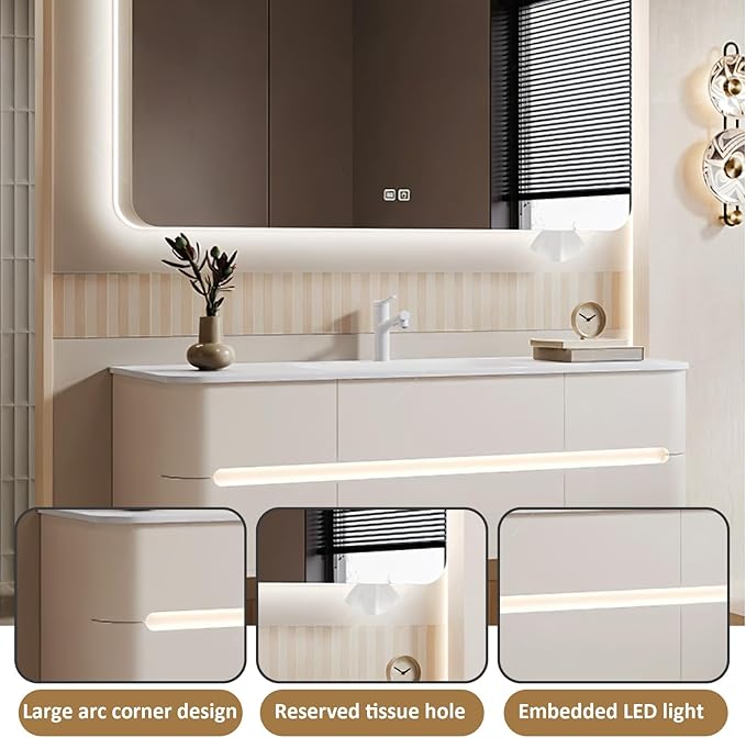 36IN Bathroom Vanity - Bathroom Vanity with Sink with Intelligent Induction Light | Wall-Mounted Bathroom Vanity with Intelligent LED Mirror Cabinet & 6 Drawers, Cream Color