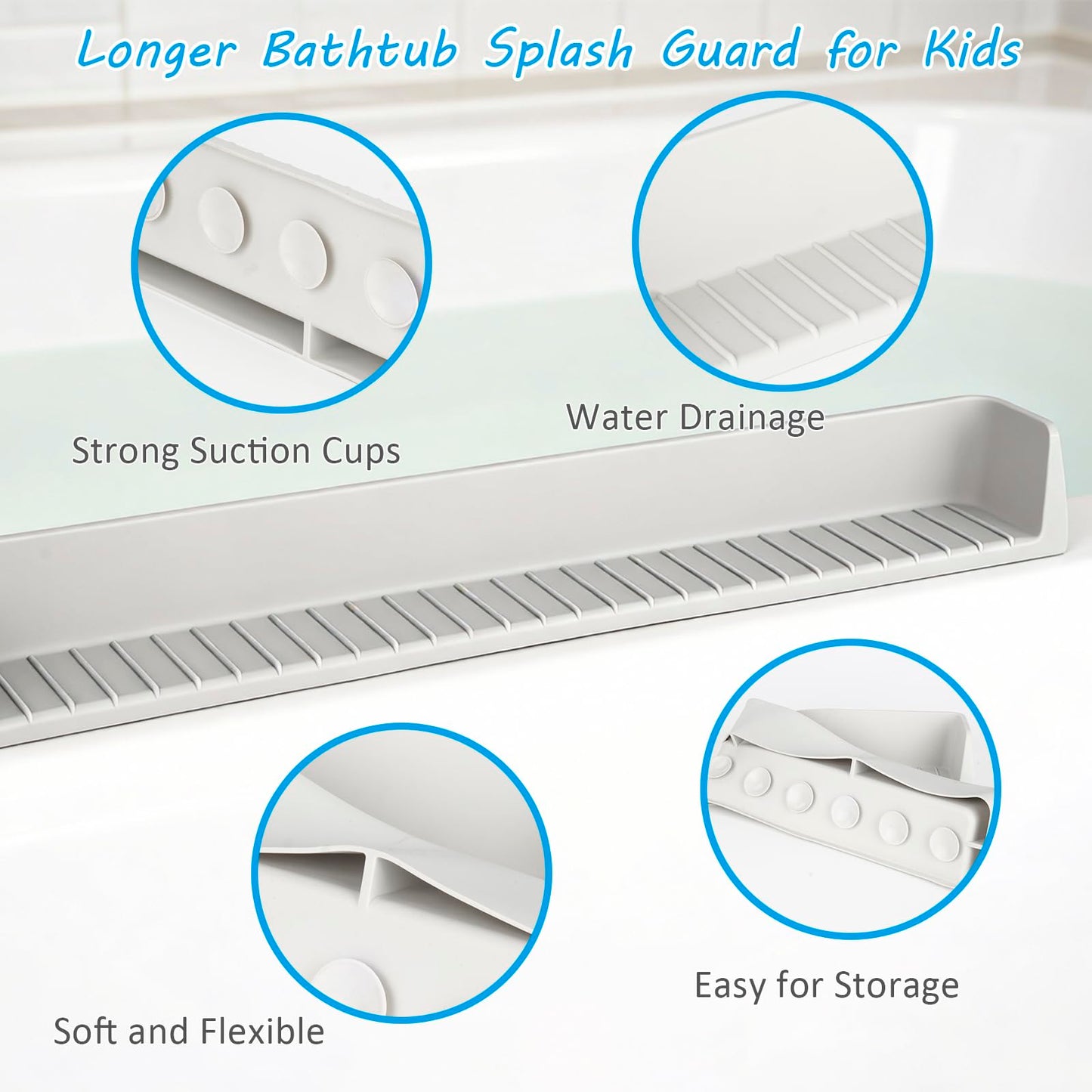 Longer Bathtub Splash Guard for Kids, Soft Silicone Tub Water Guards Toy Tray Holder for Toddlers, Bathtub Topper Splash Guard with Strong Suction Cups, Prevent Water Spills in Bathroom (2.6FT Grey)
