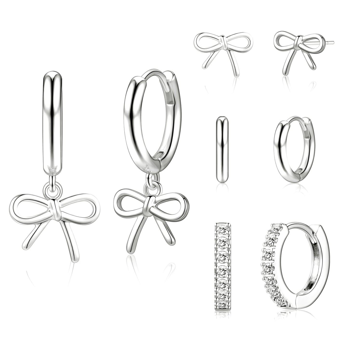 Silver Bow Earrings for Women,Huggie Small Stack Cartilage Stud Hoop Earring Sets for Multiple Double Piercing, Conch Helix Rook Tragus Daith Piercing Silver Clip On Jewelry Set Gifts