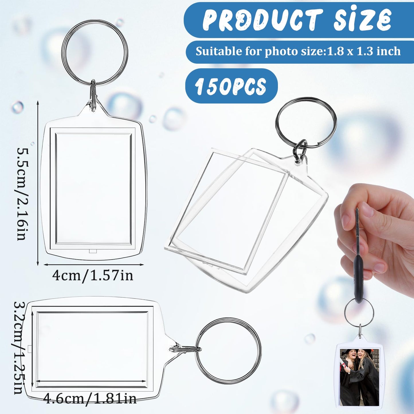 Xthrotsenk 150 Pcs Photo Keychain Insert, Acrylic Picture Keychains, Clear Blank Keyring Photo Insert Frame, Personalised Photos Key Holder, Rectangle Blank Photos Keychains, 2.2 x 1.6 Inch