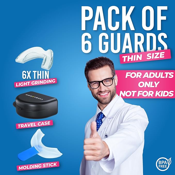 HONEYBULL Anti Grinding Guard Set [6 Pack - Thin] Comes in Smaller Size for Better Comfort | Comfortable Custom Mouth Guard for Nighttime Teeth Grinding