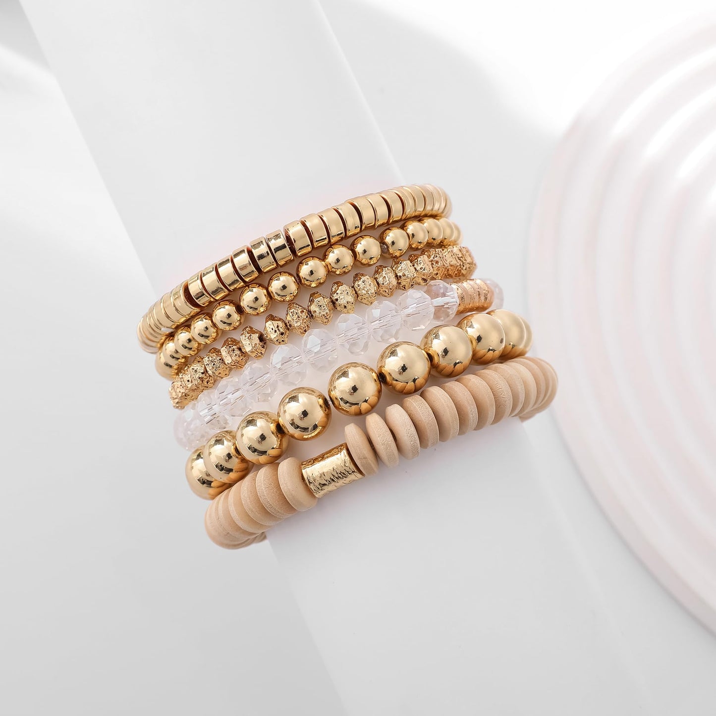 GOOJIDS Simple Beaded Gold Plated Bangles Bracelet Chunky Bamboo Tube Curved Stacking Clear Acrylic Colorful Beads Stretchable Gold Plated Bracelets Set For Women