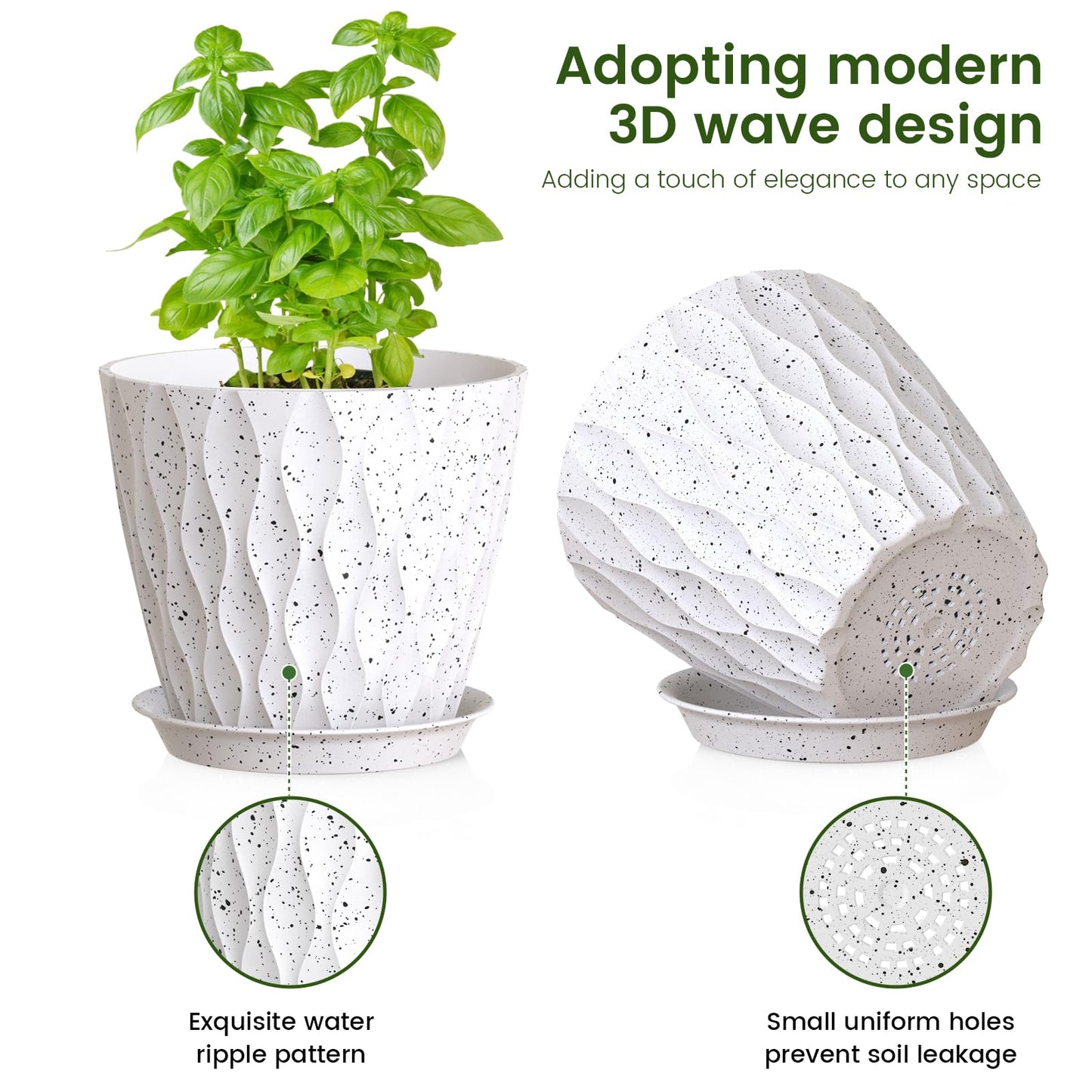 Meowell 7/6.5/6/5.5/5/4.5/4 inch Plant Pots for Indoor Outdoor Plants, 7 Pack Thick Flower Pots with Drainage Holes and Saucers, Modern Wave Texture Plastic Planters Nursery Pots, Speckled White