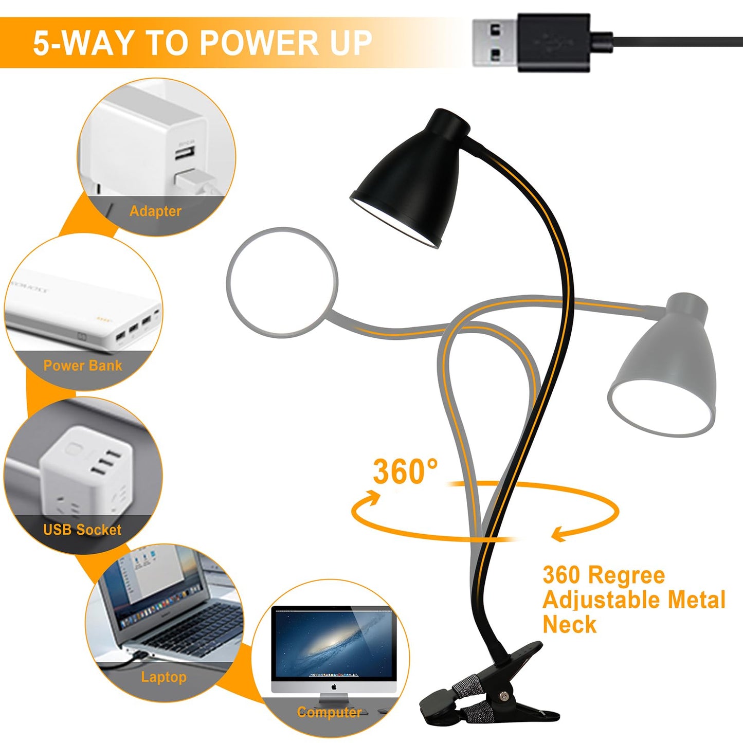 BOHON Desk Lamp 5 Color Modes 10 Brightness Dimmer Reading Light 10W 38 LED Clamp Lamp with Auto Off Timer 360° Flexible Neck Clip on Light for Bed Bedside, AC Adapter Include