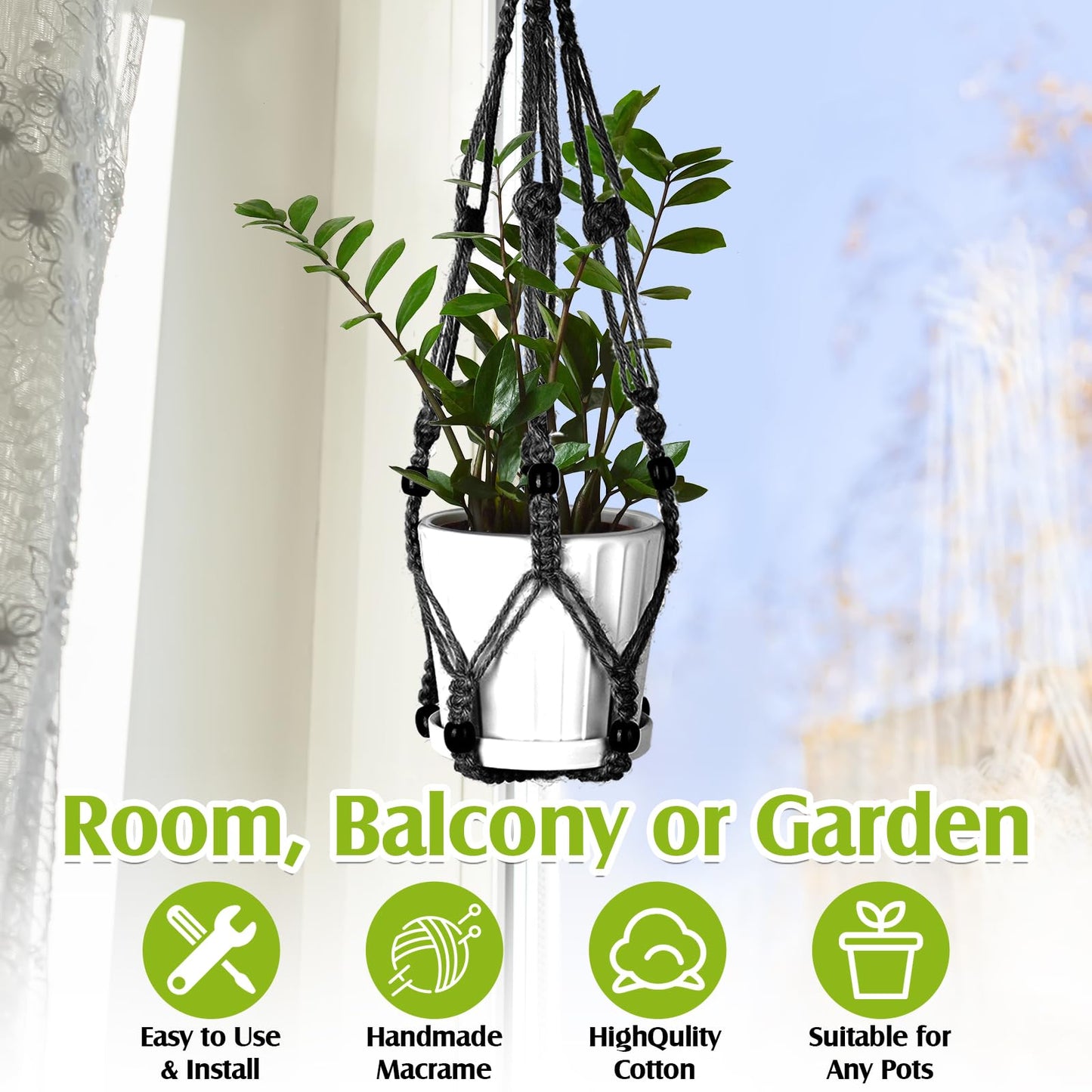 Hoteam 12 Pcs Macrame Plant Hangers Macrame Hanging Planters for Indoor Plants Handmade Boho Hanging Baskets Flower Pots Holder for Outdoor Home Wall Decor(Black)