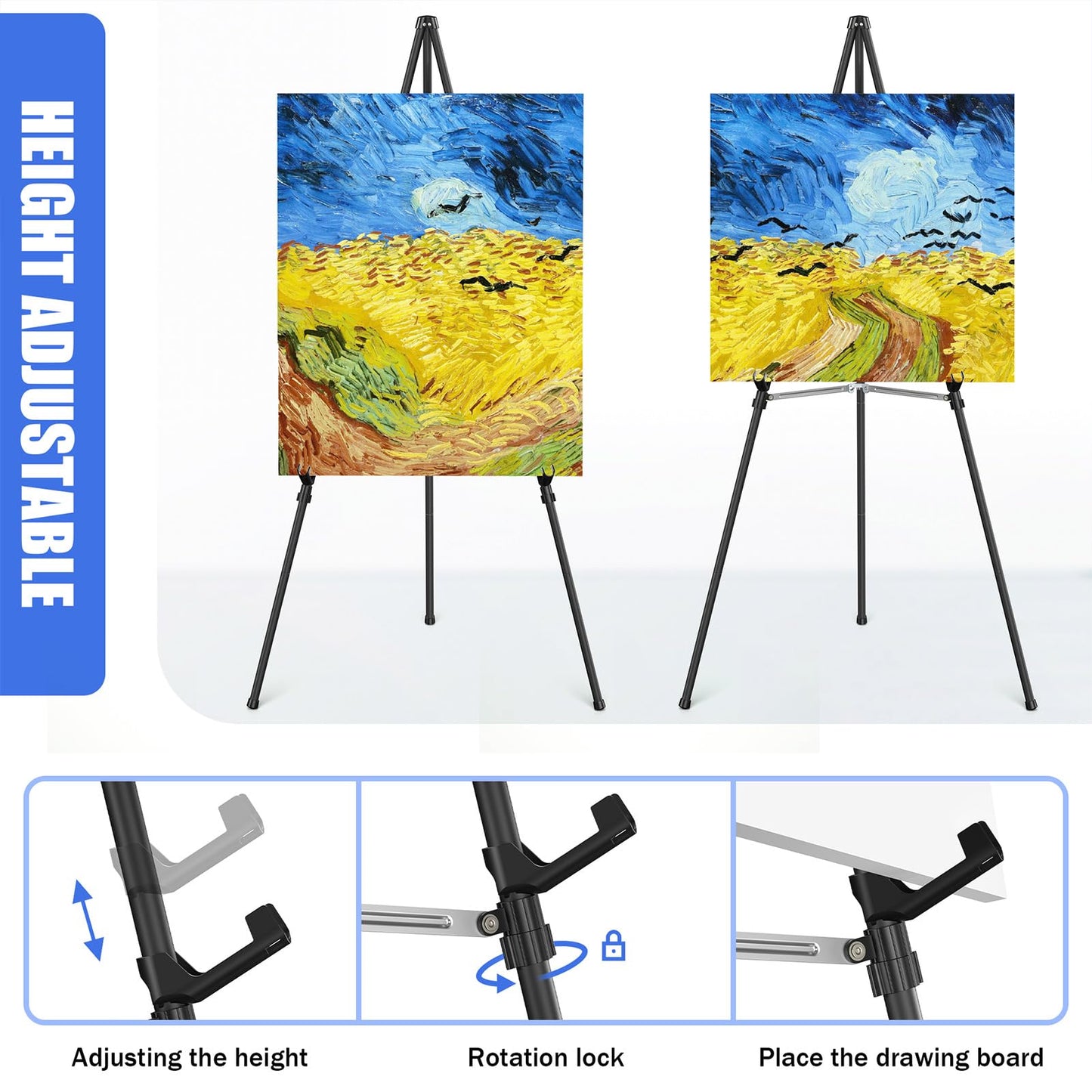 Rdiorry Easel Stand for Sign,63" Portable Metal Easel Stand for Wedding Sign,Adjustable Folding Art Easel for Display with Portable Bag(Black,2 Pack)