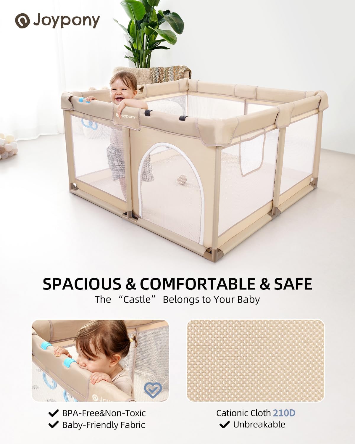 Joypony Baby Playpen, 50x50 in Small Play Pen for Babies and Toddlers, Playpen for Kids with Gate, Indoors Play Yard with Soft Breathable Mesh (Beige)
