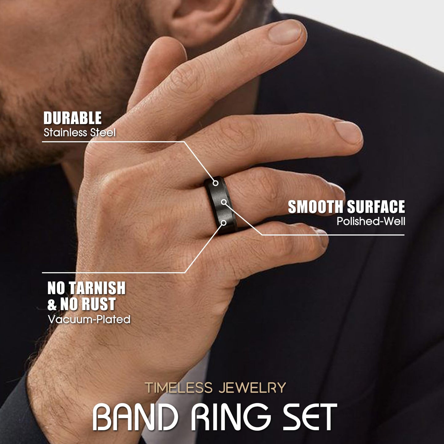 Jstyle Stainless Steel Rings for Men Women 8MM Wedding Band Rings Matte Surface - Beveled Polished Edge Mens Ring Size 7 Black Ring for Men