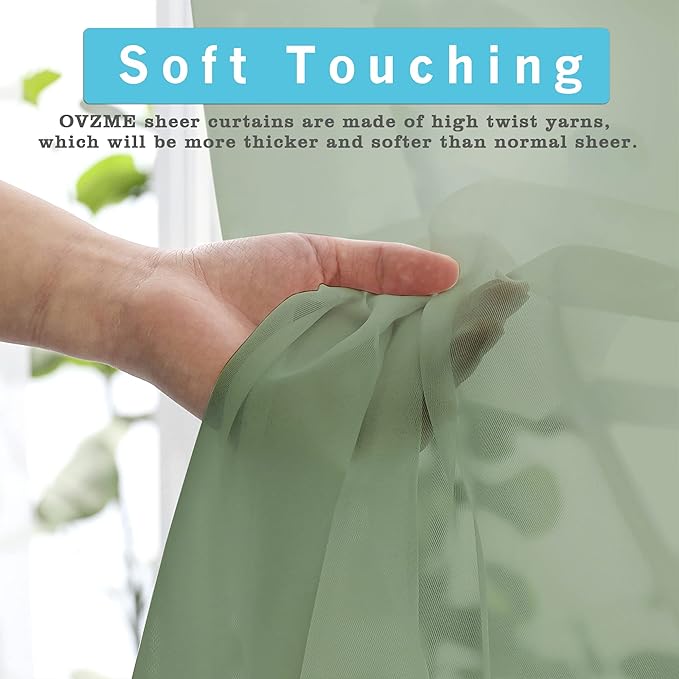 OVZME 2 Panels Sheer Sage Green Curtains 54 Inches Length Window Treatment for Kitchen, Elegant Airy Transparent Curtain Draperies Rod Pocket for Kids Living Room, Each 42 Width 54 Length