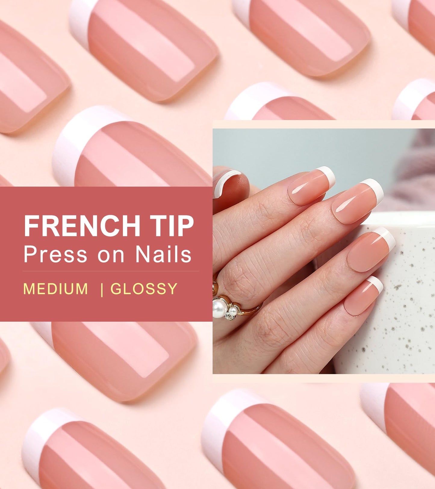 Morily Light Pink White French Tip Press on Nails - Medium Square Fake Nails Upgrade 15 Sizes Thicker False Nails with Designs Reusable Acrylic Stick on Nails for Women, 30 PCS, Include Glass File