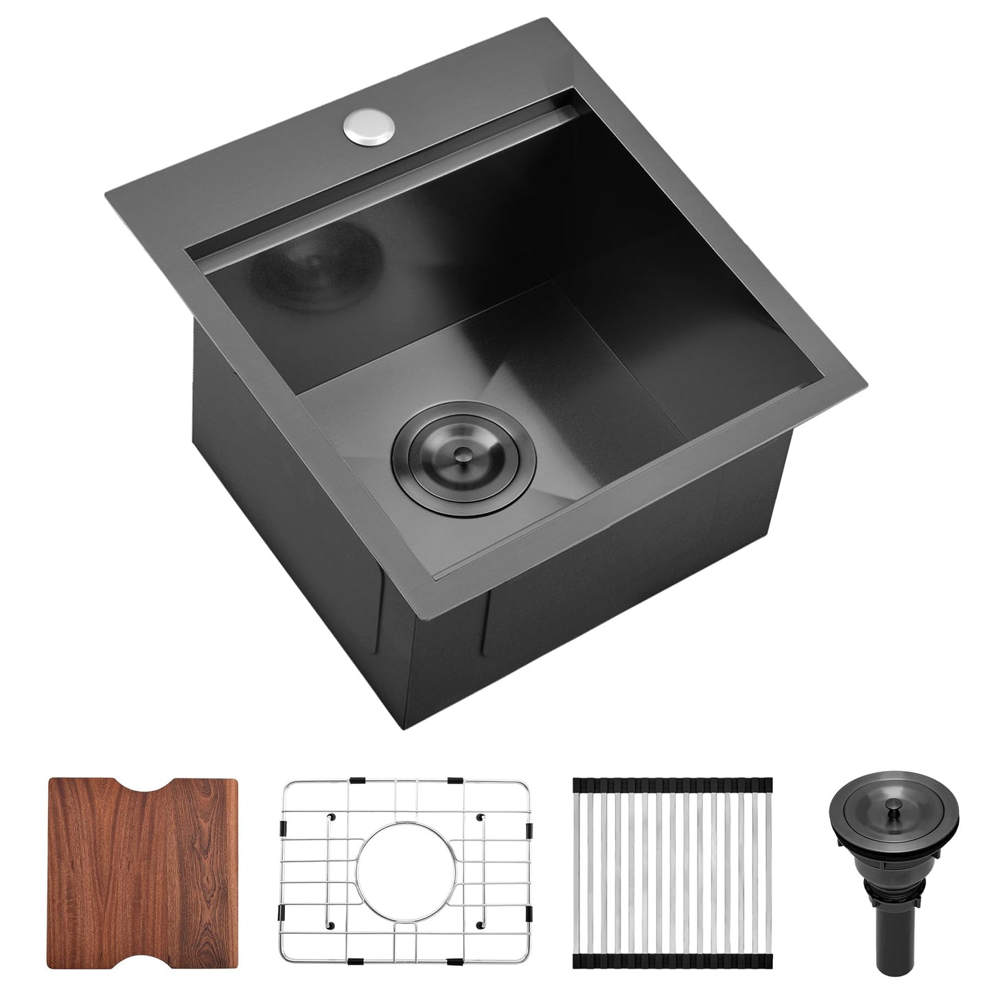 Scamall 15x17x9 Drop In Kitchen Sink Workstation, Nano Black 304 Stainless Steel Deep Single Bowl with Quick Drainage & Tarnish-Free Surface for Bar, Laundry, RV, Includes Accessories