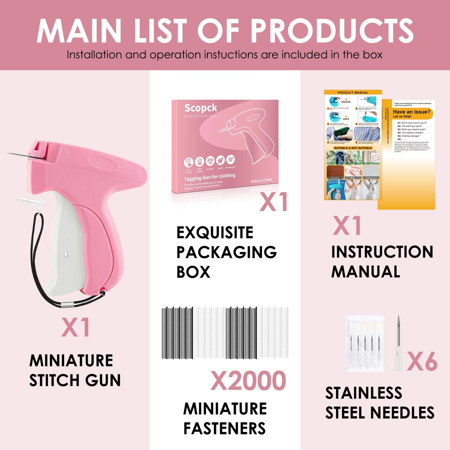 Stitch Gun for Clothes - Handheld Stitch Gun Quick Clothing Fixer - Tagging Gun - Includes 6 Needle, 1000 Black Fasteners & 1000 White Fasteners