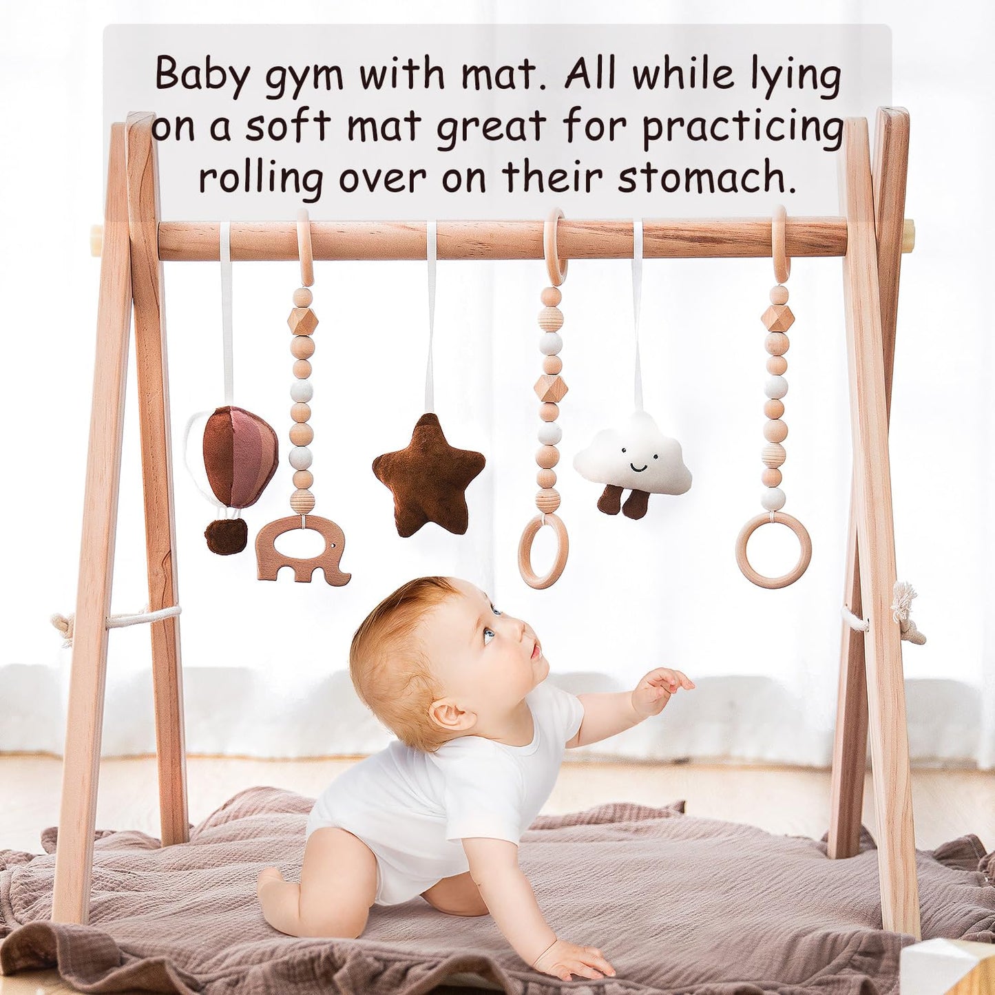 Razee Wooden Baby Play Gym Play Mat, Foldable Baby Gym with 6 Hanging Sensory Toys for Newborn Shower Gift