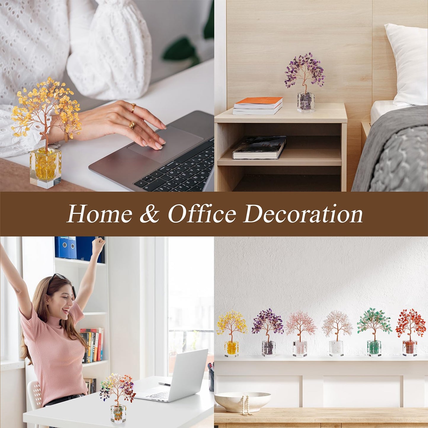 MAGIC AND MIRACLES Rose Quartz Crystal Tree of Life Office Desk Decor for Women Home Living Room Decorations, Handmade Bonsai Tree for Emotional Support Harmony Natural Healing