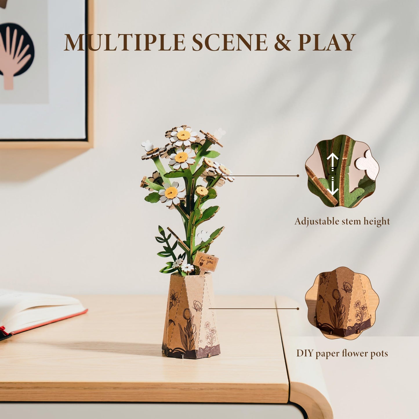 ROBOTIME 3D Wooden Flower Puzzle, Chamomile DIY Craft Kit for Adults, Artificial Flower for Home Table Decor, Gift for Women, Mom, Wife